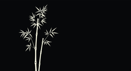Minimalist illustration of white bamboo stalks and leaves silhouetted against a stark black background, conveying a tranquil and traditional Asian aesthetic.