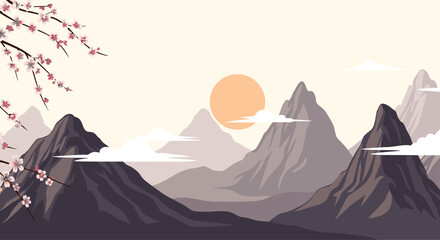 A tranquil illustration of a Japanese mountain landscape at sunrise or sunset, featuring layers of peaks, traditional clouds, and delicate cherry blossoms.
