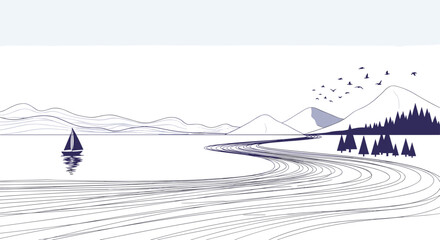 Serene minimalist landscape illustration of a mountain lake with a sailboat, distant peaks, evergreen trees, and birds, complemented by a curving path.