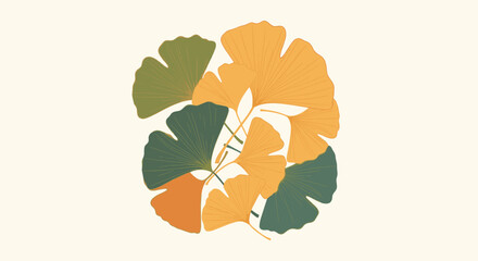 A beautiful artistic illustration of ginkgo biloba leaves arranged in a circular cluster, showcasing vibrant yellow, deep green, and warm orange hues against a soft beige background.