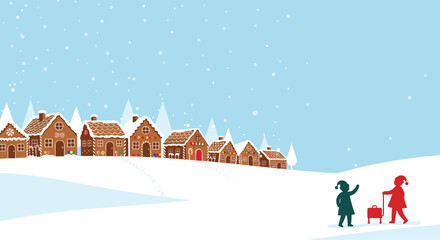 Festive winter scene featuring a quaint gingerbread house village under falling snow, with two children and a suitcase, evoking holiday travel and joy.