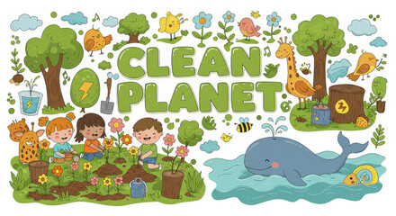 Clean planet illustration children animals and nature elements cartoon vector