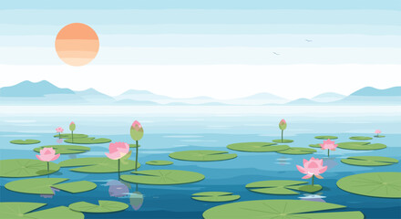 A tranquil landscape of a lake adorned with beautiful pink lotus flowers and green lily pads, set against a backdrop of distant misty mountains and a large orange sun.