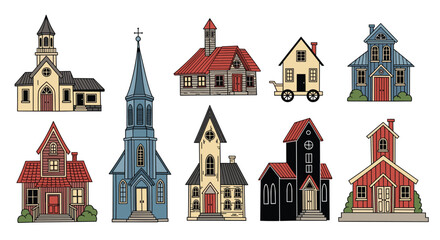 A charming collection of hand-drawn, quaint architectural illustrations, featuring various church-like structures, classic homes, and a unique house on wheels.