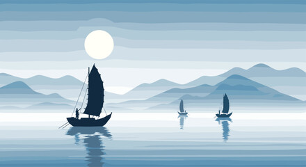 Traditional junk boats with their distinct sails navigate calm waters, their silhouettes reflected, under a bright moon, with layered blue mountains in the misty distance.