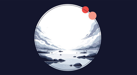 A tranquil minimalist landscape inside a white circular frame, showcasing still water, scattered rocks, and a cloudy horizon against a deep blue background.
