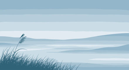 A tranquil monochromatic landscape featuring a small bird perched on a tall reed in the foreground, with gentle, rolling hills or fog receding into the soft blue distance under a vast sky.