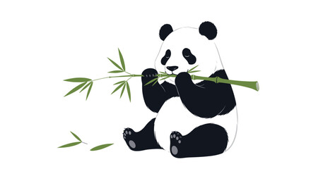 A charming and minimalist graphic illustration features a cute giant panda sitting and contentedly munching on fresh green bamboo shoots and leaves against a simple white background.