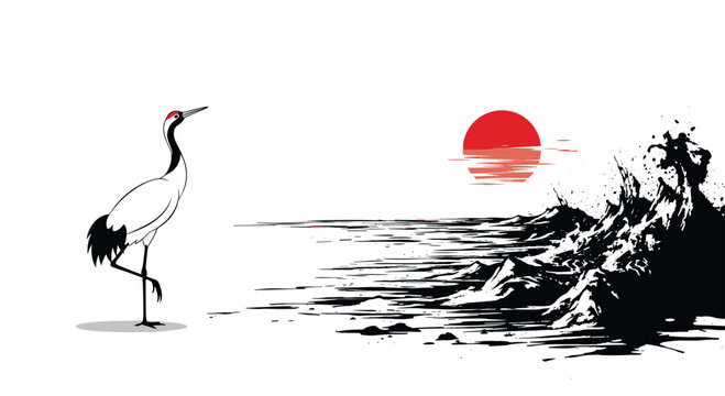 A Japanese red-crowned crane gracefully balances by turbulent black ink waves, with a radiant red sun reflecting on the distant horizon in a traditional minimalist style.