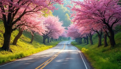 Fototapeta premium Roadway lined with blooming cherry trees presents vibrant spring scene. Green hillsides border asphalt path leading into hazy distance. Sunlight filters through pink blossoms creating peaceful,