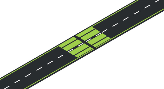 Isometric highway design with green bicycle lanes and road dividers