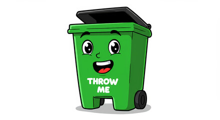 Cartoon trash can with happy face and open lid on transparent background