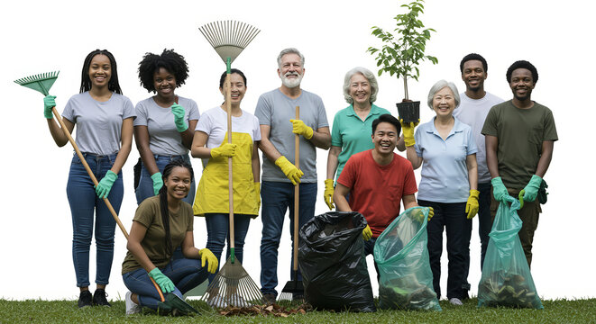Diverse group of volunteers with gardening tools transparent background