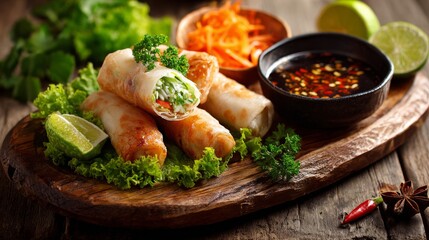 Freshly Prepared Spring Rolls on a Wooden Platter with Garnishes, Dipping Sauce, Fresh Vegetables, and Herbs, Perfect for Healthy Eating and Culinary Presentation