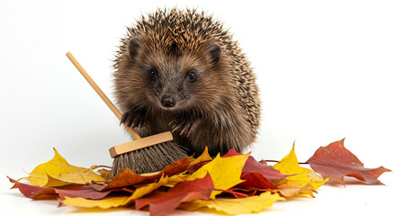 Hedgehog with broom standing among colorful autumn leaves on transparent background