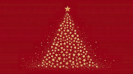 Golden star Christmas tree shape on red background, festive red background with Shiny Golden Stars in Tree Form