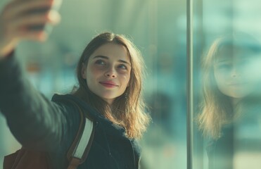 Fototapeta premium Young woman taking selfie reflecting in window