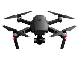 Sleek Black Quadcopter Drone with Four Propellers, Front View, Isolated on Transparent Background PNG