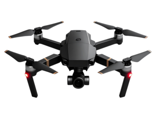 Sleek Black Quadcopter Drone with Four Propellers, Front View, Isolated on Transparent Background PNG