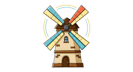 Cartoon windmill with colorful blades and transparent background illustration