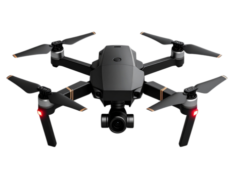 Sleek Black Quadcopter Drone with Four Propellers, Front View, Isolated on Transparent Background PNG - Powered by Adobe