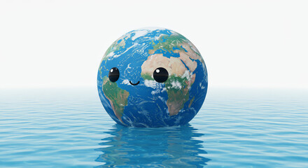 Smiling earth globe floating on water with transparent background illustration