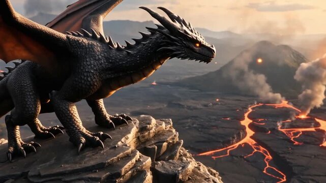 A colossal dragon looms over a landscape devastated by volcanic fire and destruction.