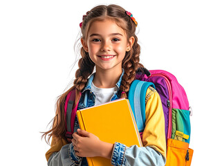 Happy Little School Girl with Backpack Holding a Book, Full Body Isolated on White Background, PNG