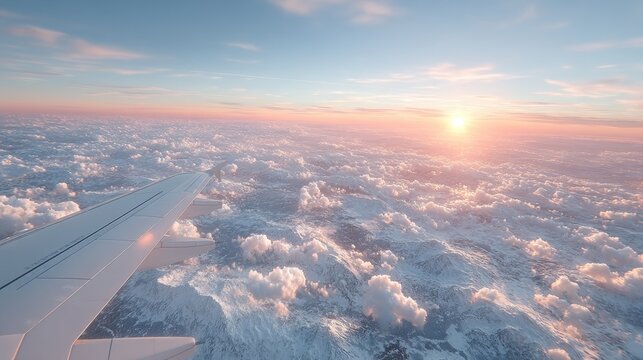 Aerial View From Airplane Window Showing Wing Above Snow Covered Mountains At Sunrise With Golden Sun And Clouds