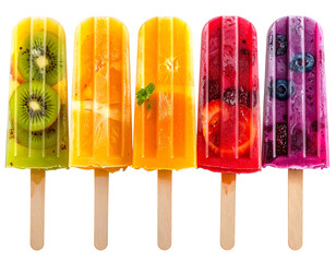  Assorted Fruit Popsicles Set, Colorful Ice Cream Sticks Isolated on Transparent Background, Generative AI 