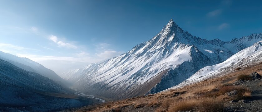 Aerial View Of Snowy Mountain Peak Under A Dramatic Blue Sky With Wispy Clouds And Sunlit Slopes