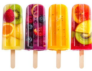 Assorted Fruit Popsicles Set, Colorful Ice Cream Sticks Isolated on Transparent Background, Generative AI 