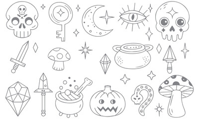 Witchcraft and Magic Vector Set – Mystic Line Art Icons of Skulls, Moons, Crystals, and Potions .