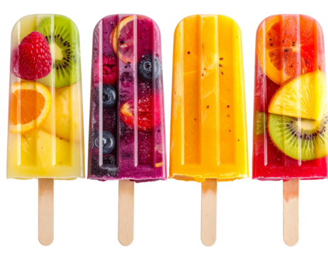 Assorted Fruit Popsicles Set, Colorful Ice Cream Sticks Isolated on Transparent Background, Generative AI 