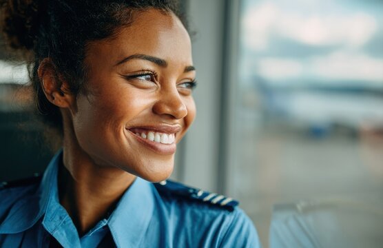 African american woman pilot smiling looking out airport window