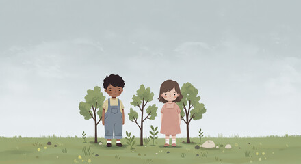 Children standing in front of trees illustration for educational or environmental concepts