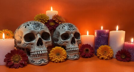 day of the dead still life with sugar skulls, candles, and autumn flowers on orange background.