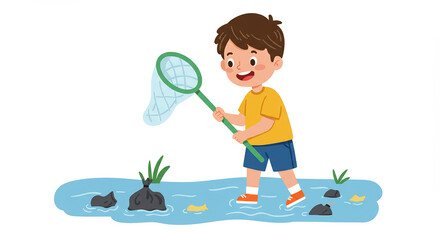 Young boy with net in water cartoon illustration fishing nature concept