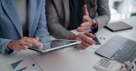 Meeting, hands or financial analyst in office with tablet, collaboration or feedback for growth campaign. Top view, tech or people in agency with graph, data or performance review in budget project. - Powered by Adobe