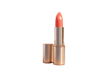 Coral lipstick with gold case and cap on black background orange pink, Isolated On Transparent Background, Png Cut Out