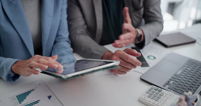 Meeting, hands or financial analyst in office with tablet, collaboration or feedback for growth campaign. Top view, tech or people in agency with graph, data or performance review in budget project. - Powered by Adobe