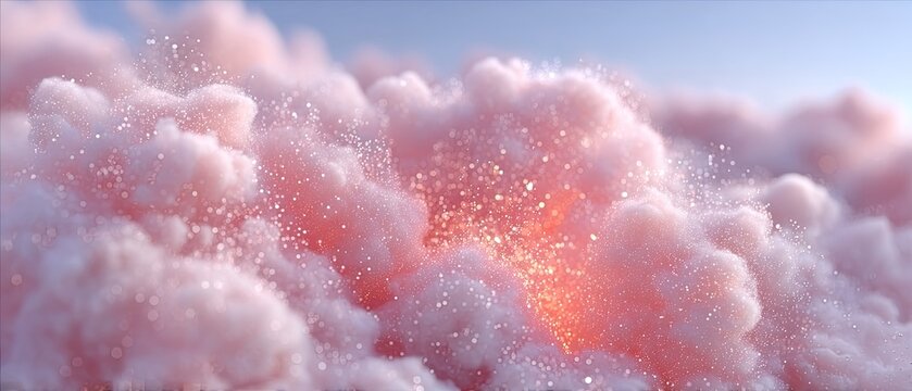 Close up macro view of fluffy pink clouds with sparkling glitter particles and soft orange light glowing from within against a pale blue sky