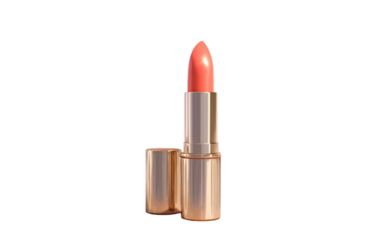 Coral lipstick with gold case and cap on black background orange pink, Isolated On Transparent Background, Png Cut Out