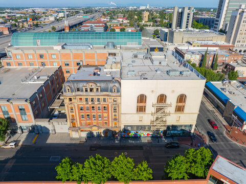 Mexican Heritage Center and Gallery aerial view at 111 S Sutter Street in historic downtown Stockton, California CA, USA. 