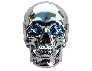 Chrome Human Skull Front View, Reflective Metallic Surface, Isolated on Transparent Background, PNG 
