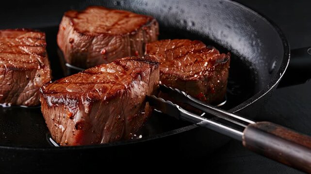 Juicy cuts of beef are seared in a hot skillet, releasing mouthwatering aromas and achieving the ultimate tenderness and flavor
