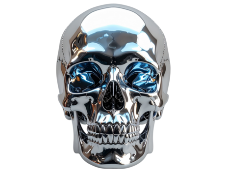 Chrome Human Skull Front View, Reflective Metallic Surface, Isolated on Transparent Background, PNG 