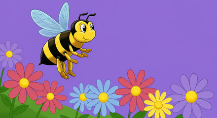 Cartoon bee flying above colorful flowers against a transparent background