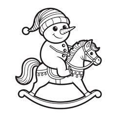 Naklejka premium Snowman riding a rocking horse outline colouring page