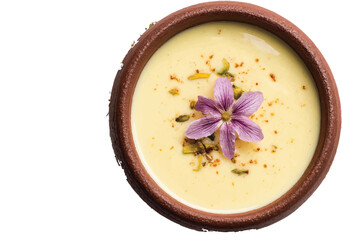 mango lassi, a formal indian milk drink, in a clay pot with a flower and pistachios on a white background, top view, high-resolution photography